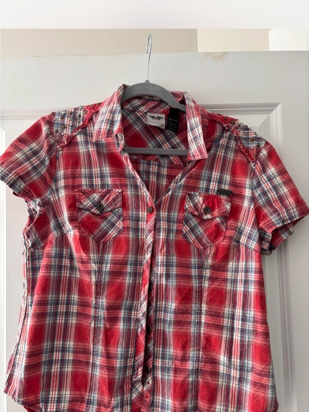 Harley-Davidson Red and White Plaid Short-Sleeve Button-Down Shirt